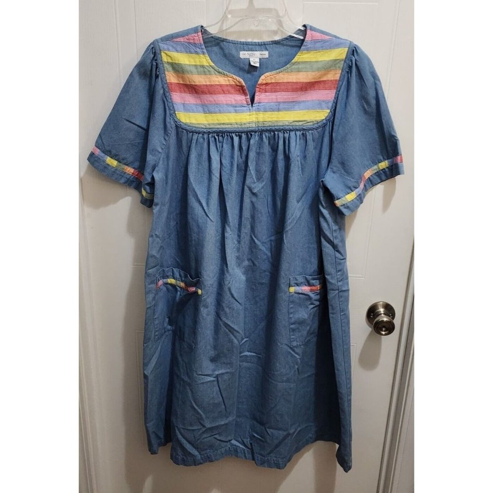 Go Softly Patio Women's Short Sleeve Mumu Midi Dress Rainbow Striped Chambray PL